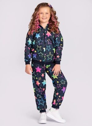 Conjunto Inverno Menina Marinho Jaqueta com Capuz e Calça em Moletom Estrelas
