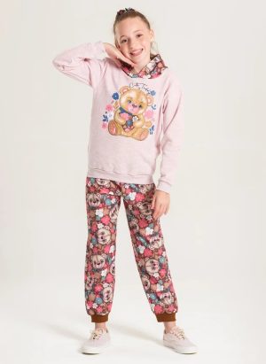 Conjunto Inverno Menina Rosa Blusão Com Capuz e Calça em Moletom Ursinho Florid
