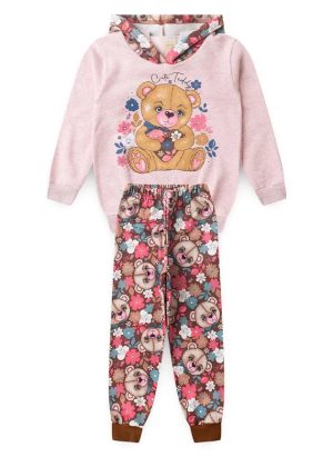 Conjunto Inverno Menina Rosa Blusão Com Capuz e Calça em Moletom Ursinho Florid