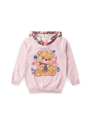 Conjunto Inverno Menina Rosa Blusão Com Capuz e Calça em Moletom Ursinho Florid