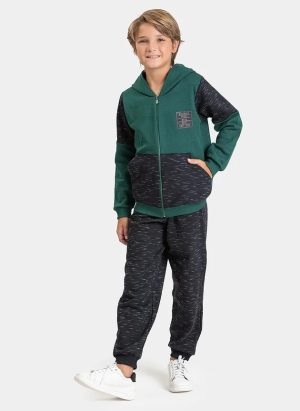 Conjunto Inverno Menino Verde Jaqueta com Capuz e Bolso e Calça em Moletom