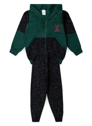 Conjunto Inverno Menino Verde Jaqueta com Capuz e Bolso e Calça em Moletom