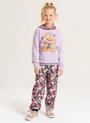 Conjunto Inverno Menina Lilás Blusão Com Capuz e Calça em Moletom Ursinho Florido