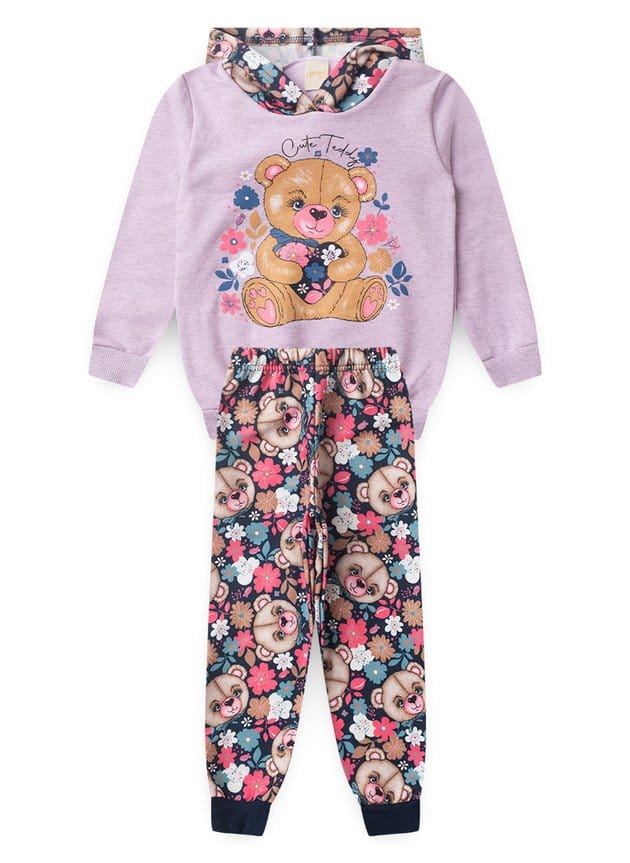 Conjunto Inverno Menina Lilás Blusão Com Capuz e Calça em Moletom Ursinho Florido
